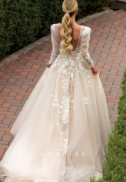 V-Neck Long Sleeves Floral Appliques A-Line Wedding Dress