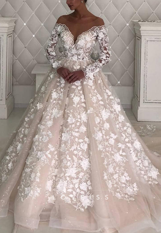 V-Neck Long Sleeves Floral Appliques Ball Gown Wedding Dress