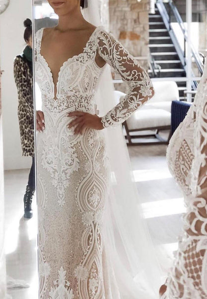 V-Neck Long Sleeves Floral Appliques Mermaid Wedding Dress