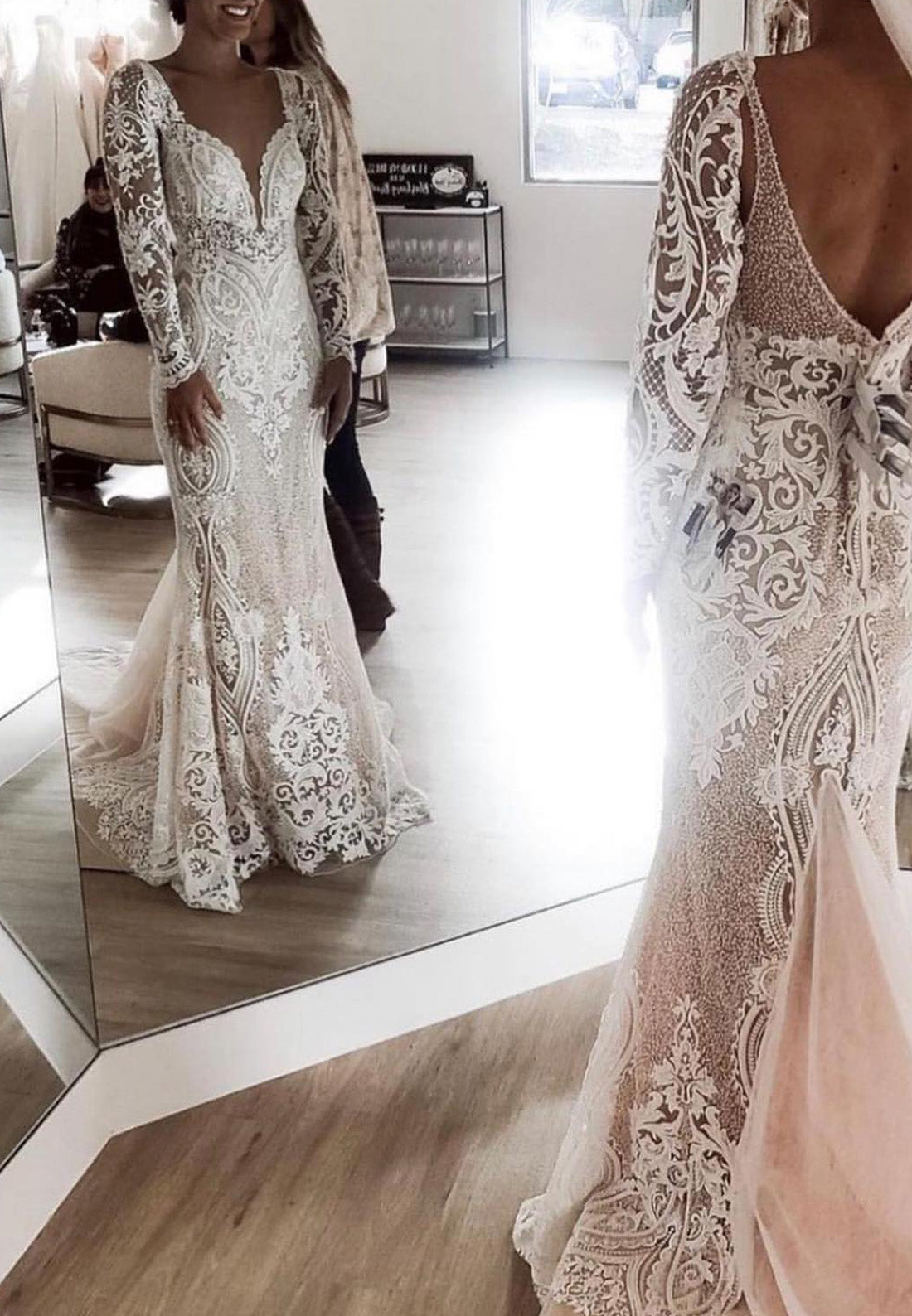 V-Neck Long Sleeves Floral Appliques Mermaid Wedding Dress