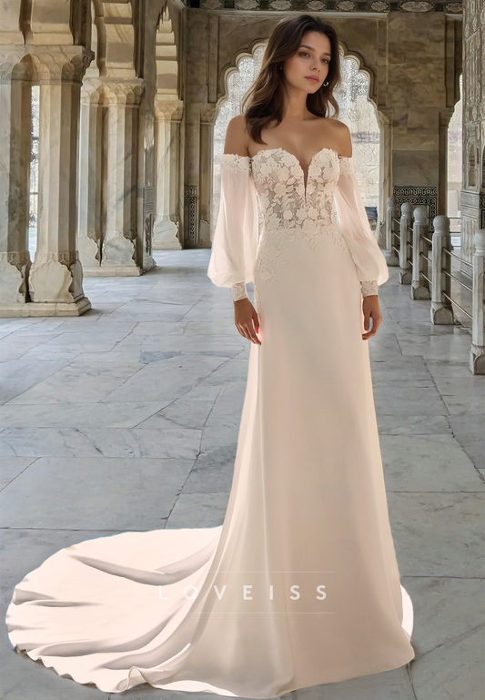 V-Neck Long Sleeves Floral Appliques Sleek Mermaid Beach Wedding Dress