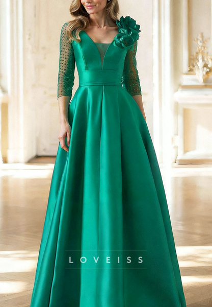 V-Neck Long Sleeves Floral Embellished Satin A-Line Mother of Bride Dress