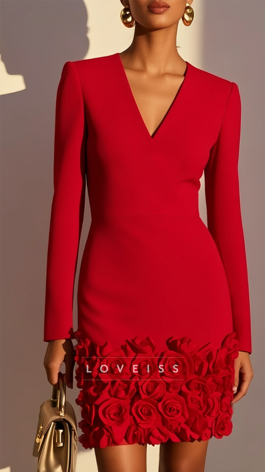 V-Neck Long Sleeves Floral Embellished Short Sheath Cocktail Dress