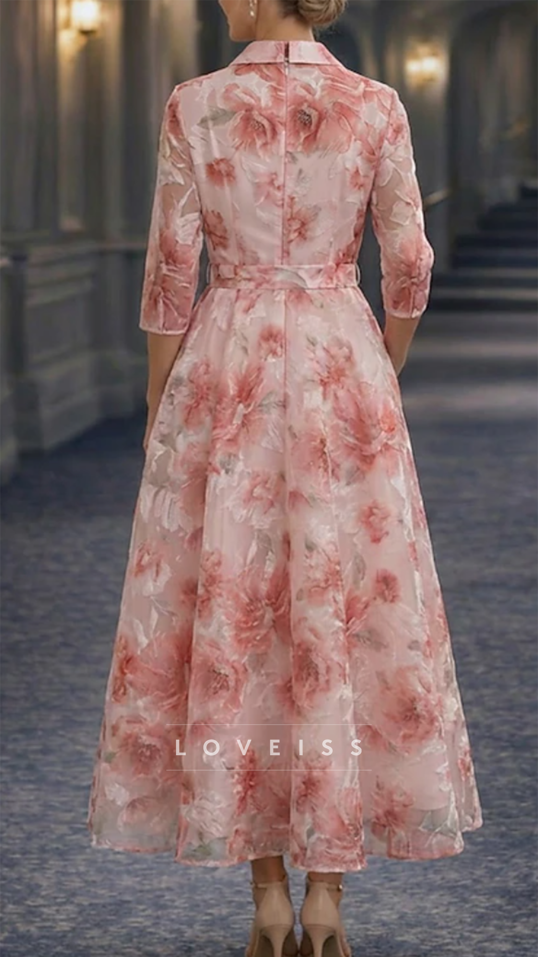 V-Neck Long Sleeves Floral Printed A-Line Mother of Bride Dress