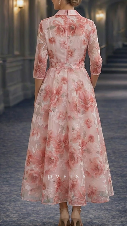 V-Neck Long Sleeves Floral Printed A-Line Mother of Bride Dress