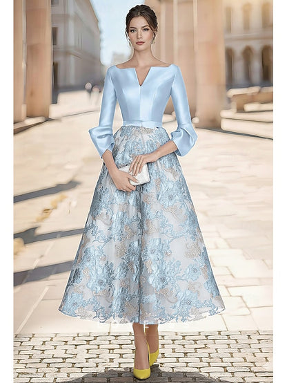 V-Neck Long Sleeves Floral Printed A-Line Mother of Bride Dress