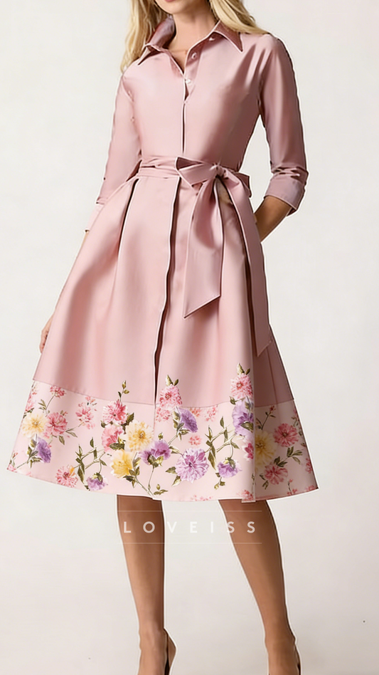 V-Neck Long Sleeves Floral Printed A-Line Mother of Bride Dress