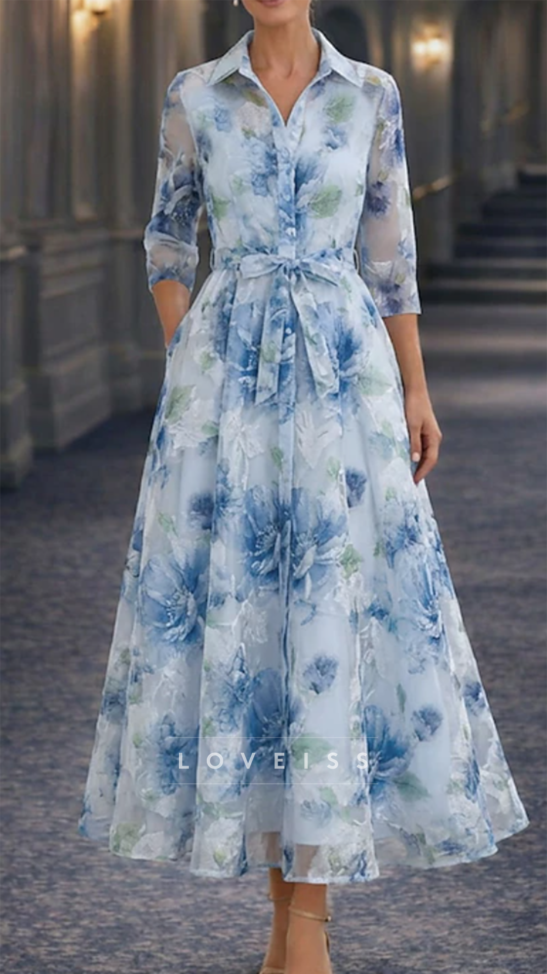 V-Neck Long Sleeves Floral Printed A-Line Mother of Bride Dress