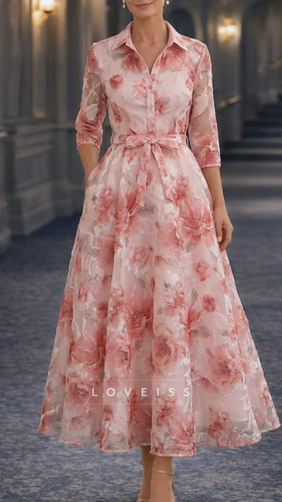 V-Neck Long Sleeves Floral Printed A-Line Mother of Bride Dress