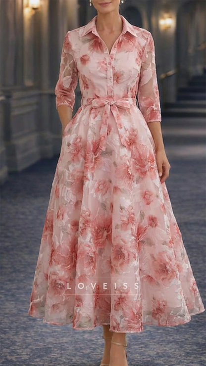 V-Neck Long Sleeves Floral Printed A-Line Mother of Bride Dress