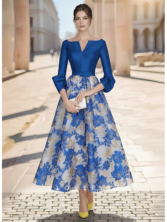 V-Neck Long Sleeves Floral Printed A-Line Mother of Bride Dress