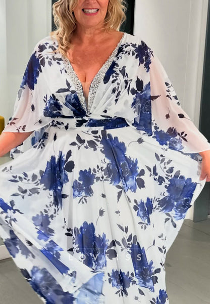V-Neck Long Sleeves Floral Printed Chiffon A-Line Mother of Briide Dress