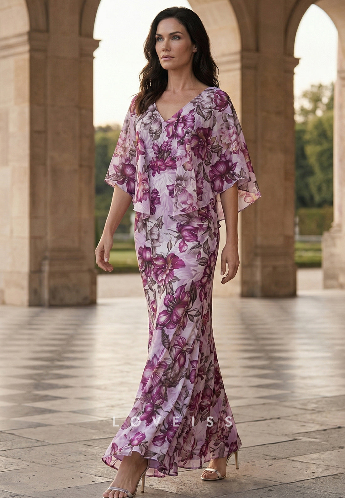 V-Neck Long Sleeves Floral Printed Mermaid Mother of Bride Dress