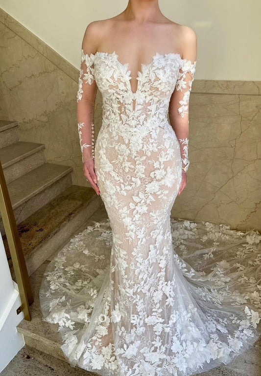 V-Neck Long Sleeves Full Appliques Fitted Mermaid Wedding Dress