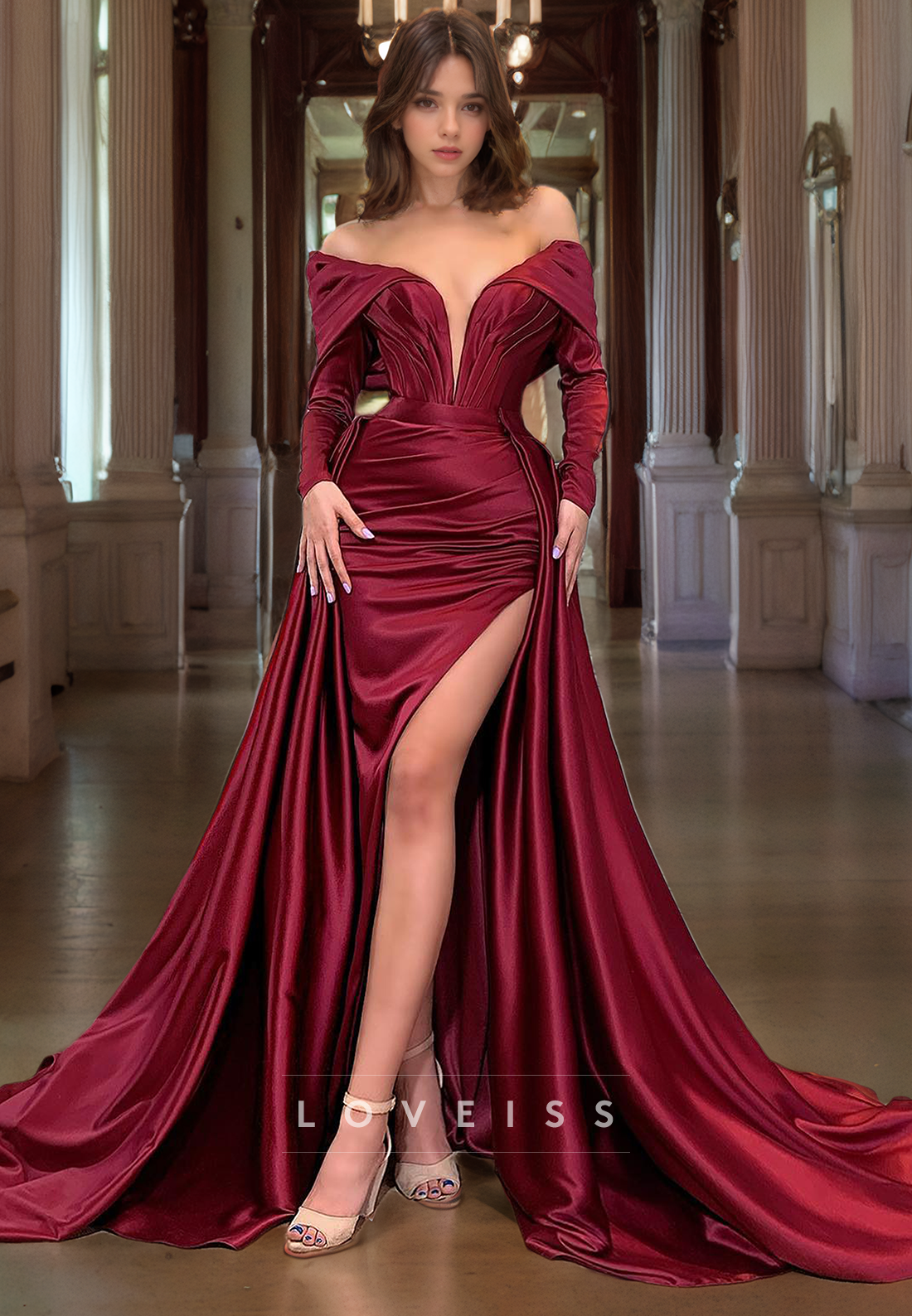 V-Neck Long Sleeves High Slit Ruched Long Prom Dress