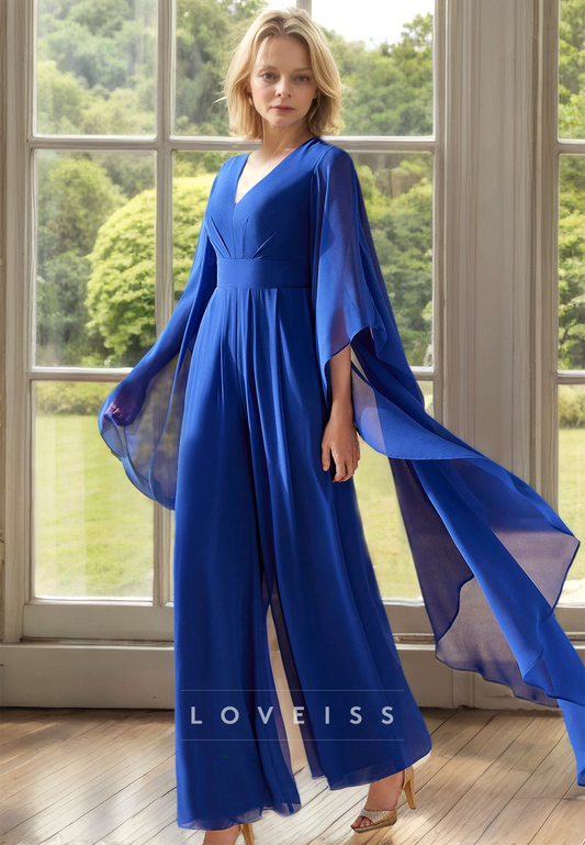 V-Neck Long Sleeves Jumpsuit Mother of Bride Dress