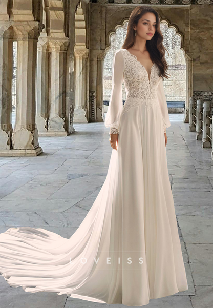 V-Neck Long Sleeves Lace Appliquees Chiffon A-Line Boho Wedding Dress