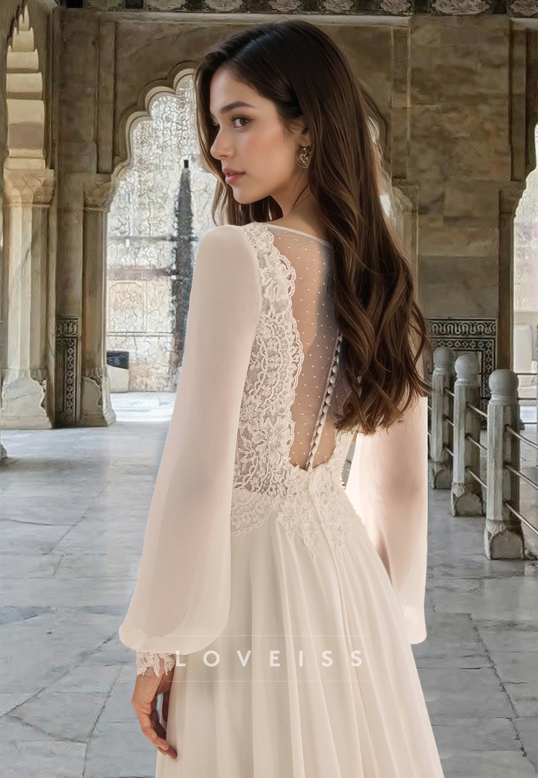 V-Neck Long Sleeves Lace Appliquees Chiffon A-Line Boho Wedding Dress