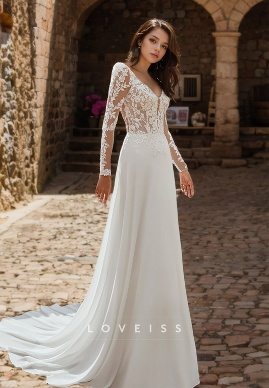 V-Neck Long Sleeves Lace Appliques A-Line Beach Wedding Dress