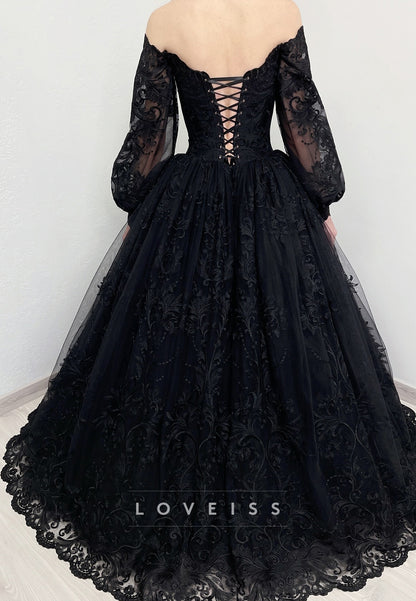 V-Neck Long Sleeves Lace Appliques A-Line Black Wedding Dress