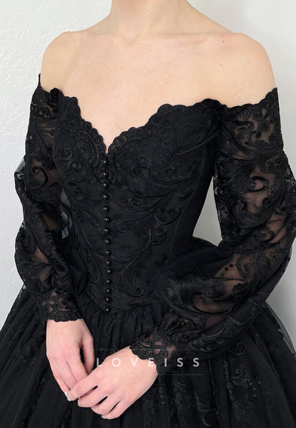 V-Neck Long Sleeves Lace Appliques A-Line Black Wedding Dress