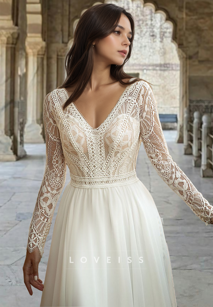 V-Neck Long Sleeves Lace Appliques A-Line Boho Wedding Dress