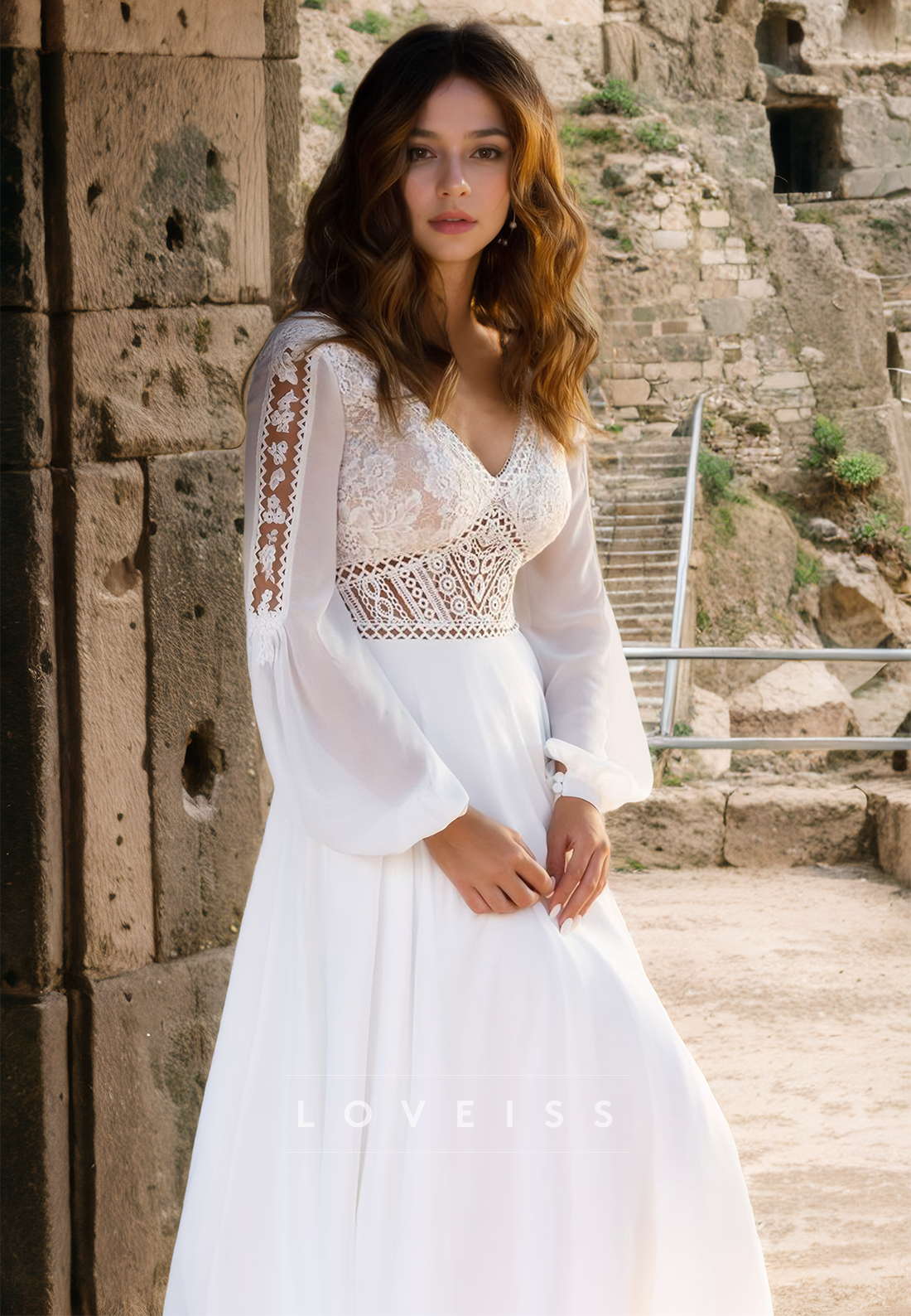 V-Neck Long Sleeves Lace Appliques A-Line Boho Wedding Dress