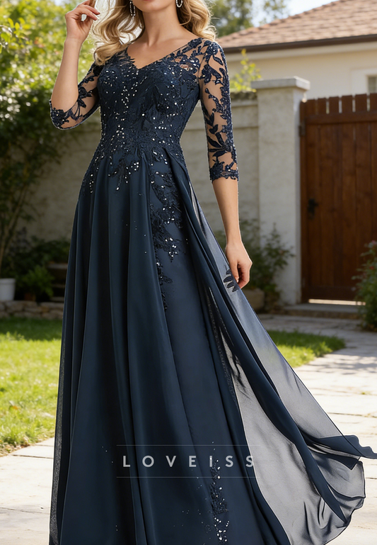 V-Neck Long Sleeves Lace Appliques A-Line Chiffon Mother of Bride Dress