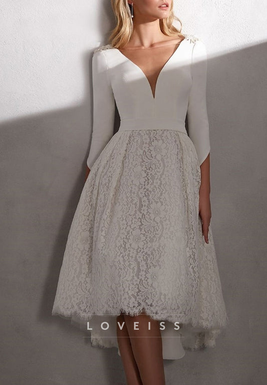 V-Neck Long Sleeves Lace Appliques A-Line Midi Wedding Dress