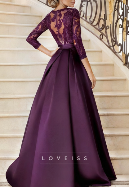 V-Neck Long Sleeves Lace Appliques A-Line Mother of Bride Dress