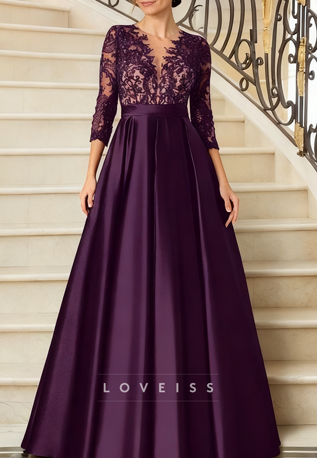 V-Neck Long Sleeves Lace Appliques A-Line Mother of Bride Dress