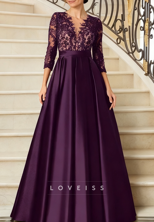 V-Neck Long Sleeves Lace Appliques A-Line Mother of Bride Dress