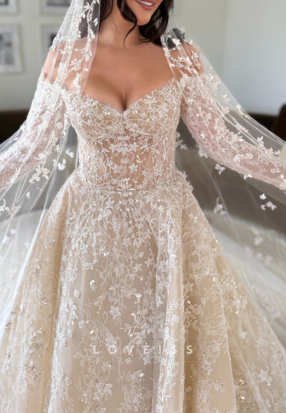 V-Neck Long Sleeves Lace Appliques A-Line Wedding Dress