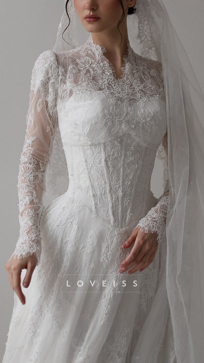 V-Neck Long Sleeves Lace Appliques A-Line Wedding Dress
