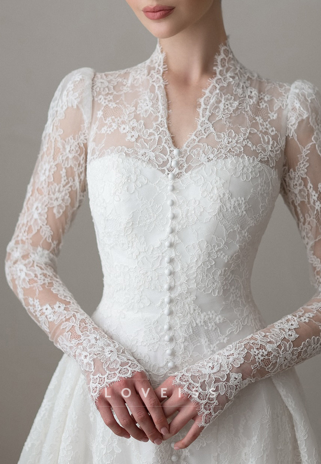 V-Neck Long Sleeves Lace Appliques A-Line Wedding Dress