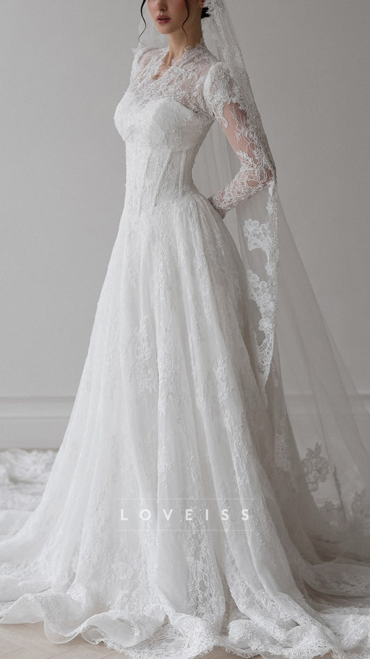 V-Neck Long Sleeves Lace Appliques A-Line Wedding Dress
