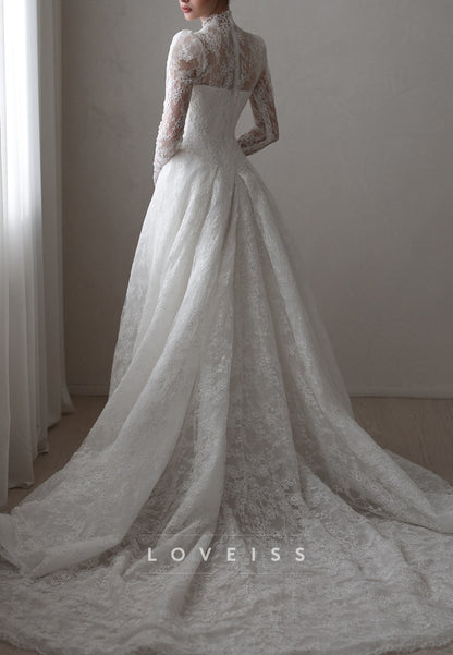 V-Neck Long Sleeves Lace Appliques A-Line Wedding Dress