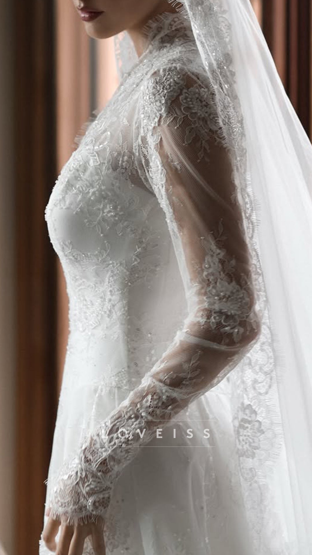 V-Neck Long Sleeves Lace Appliques A-Line Wedding Dress