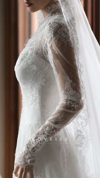 V-Neck Long Sleeves Lace Appliques A-Line Wedding Dress