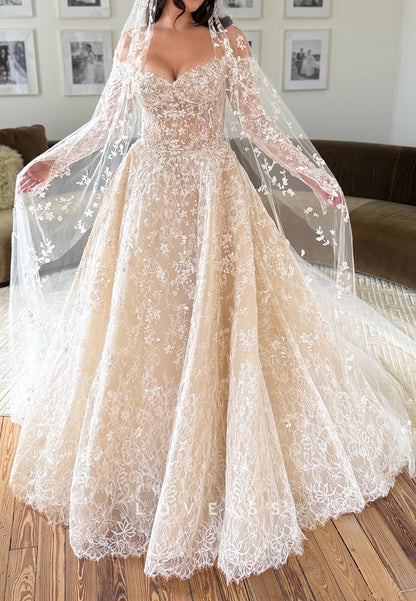 V-Neck Long Sleeves Lace Appliques A-Line Wedding Dress