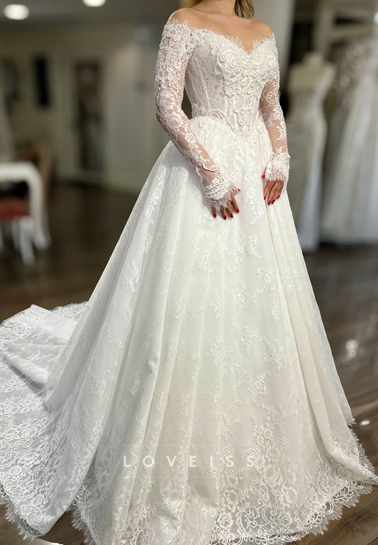 V-Neck Long Sleeves Lace Appliques A-Line Wedding Dress