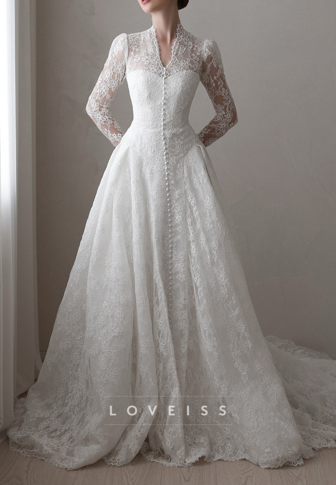 V-Neck Long Sleeves Lace Appliques A-Line Wedding Dress