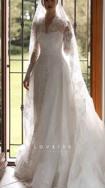 V-Neck Long Sleeves Lace Appliques A-Line Wedding Dress