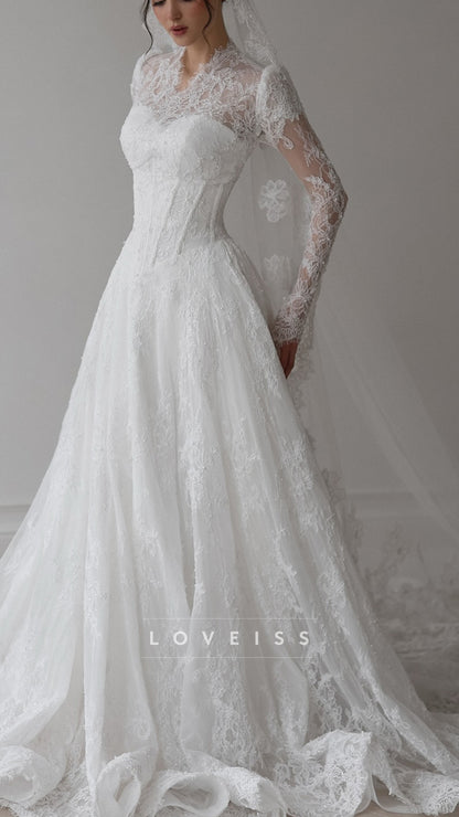 V-Neck Long Sleeves Lace Appliques A-Line Wedding Dress