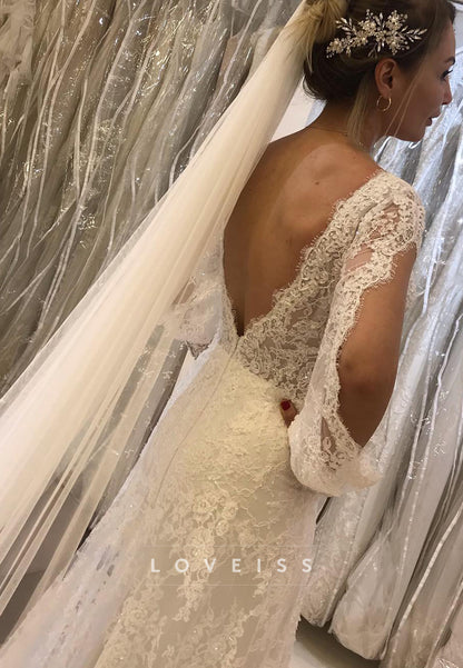 V-Neck Long Sleeves Lace Appliques A-Line Wedding Dress