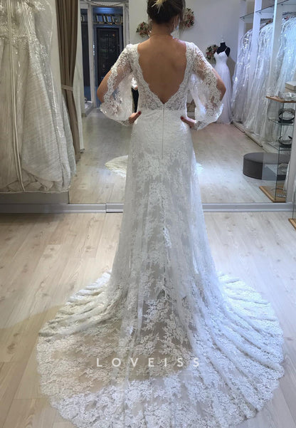 V-Neck Long Sleeves Lace Appliques A-Line Wedding Dress