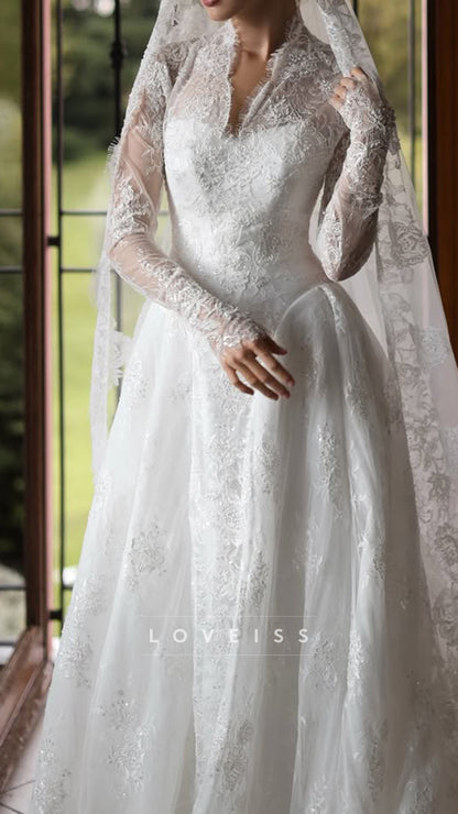 V-Neck Long Sleeves Lace Appliques A-Line Wedding Dress