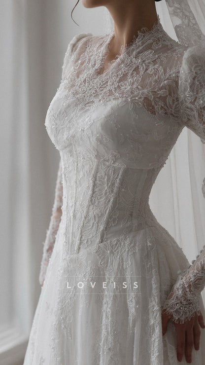 V-Neck Long Sleeves Lace Appliques A-Line Wedding Dress