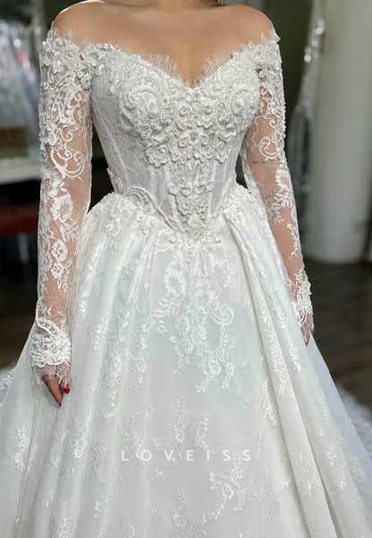 V-Neck Long Sleeves Lace Appliques A-Line Wedding Dress