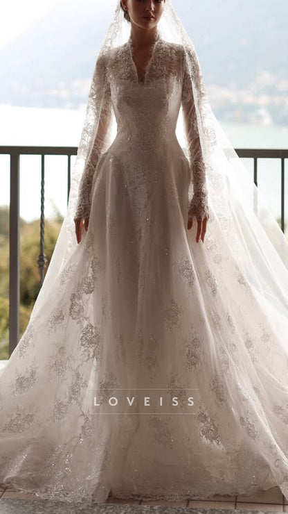 V-Neck Long Sleeves Lace Appliques A-Line Wedding Dress